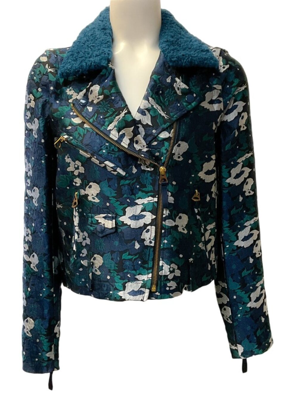 Opening Ceremony Teal Brocade Convertible Jacket / Vest with Shearling